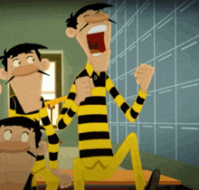a cartoon drawing of a man in a yellow and black striped shirt with his mouth open