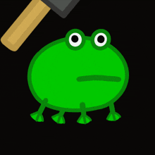 a green frog is holding a hammer in its mouth on a black background