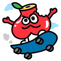 a cartoon illustration of a red apple riding a skateboard