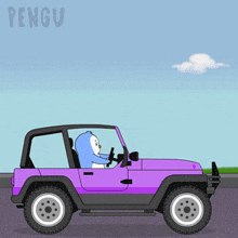 a penguin is driving a purple jeep with the word pengu on the bottom