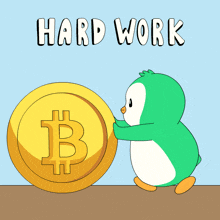 a penguin pushing a large gold coin with a b on it