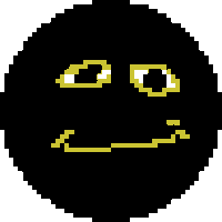 a pixel art illustration of a black circle with a yellow smiley face on it .