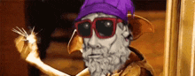 a man with a beard wearing sunglasses and a purple hat is holding a light .