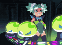 a cartoon character with green hair is standing in front of a glowing display