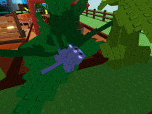 a screenshot of a video game shows a purple cat laying in a green plant