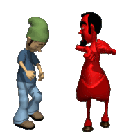 a cartoon of a man standing next to a red demon