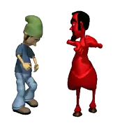 a cartoon of a man standing next to a red demon