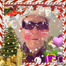 a picture of an elderly woman wearing sunglasses and a christmas tree