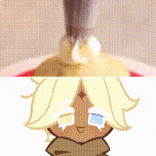 a cartoon character with yellow hair and blue eyes is standing next to a candle