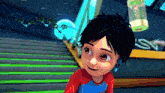 a cartoon boy in a red and blue shirt is standing on a set of stairs