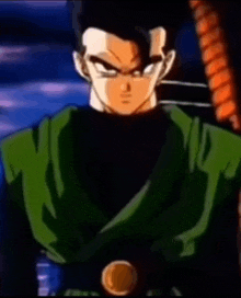 a close up of a dragon ball z character wearing a green jacket and black shirt .
