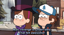 two cartoon characters standing next to each other with the words man revenge is underrated that felt awesome on the bottom