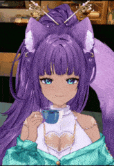 a girl with purple hair and blue eyes is drinking from a cup