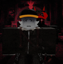 a cartoon character wearing a black jacket and a yellow hat has the letter p on his head