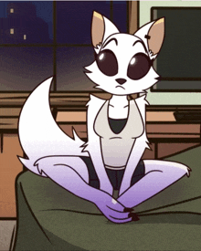 a cartoon drawing of a white cat sitting on a green couch