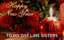 a new year greeting card with red roses and a candle