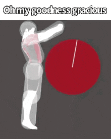 a cartoon of a man standing next to a red circle with the words `` oh my goodness gracious '' written on it