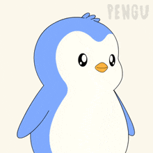 a blue and white penguin waving with the word pengu behind it