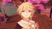 a close up of a video game character with yellow hair and earrings