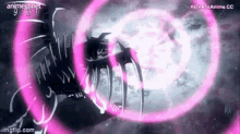 a cartoon character is surrounded by pink circles and glowing lights .