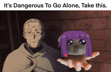 a man in a cape is holding a purple haired doll in his hand