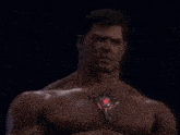 a man with red eyes and a necklace around his chest