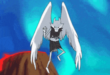 a cartoon character with white wings is standing on top of a mountain