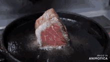 a piece of meat is being cooked in a pan with the words made in animotica visible