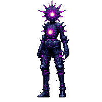 a pixel art drawing of a purple and black robot with a purple sun on his head
