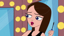 a cartoon woman is holding a mascara brush in front of a mirror