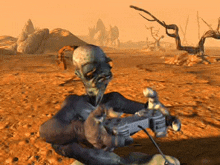 an alien is playing a video game in a desert
