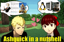 a couple of anime characters with the words ashquick in a nutshell on the bottom