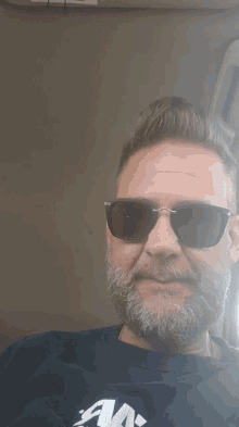 a man with a beard is wearing sunglasses and a shirt that says aa