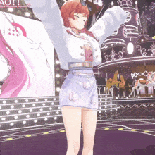 a girl in a purple skirt is dancing on a stage