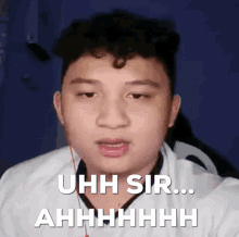 a young man with curly hair is making a funny face and says uhh sir .