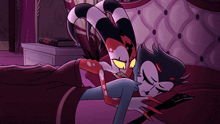 a cartoon character is laying on a bed with a book on the nightstand