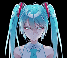 a girl with blue hair and a tie has a microphone on her head