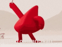 a red cartoon character is doing a handstand with the words hop on mario kart below him