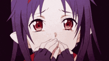 a girl with purple hair and red eyes is crying while covering her mouth with her hands .