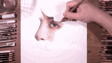 a drawing of a person 's face is being drawn with a faber castell colored pencil