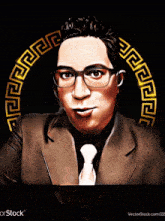 a man wearing glasses and a suit is surrounded by a gold greek key circle