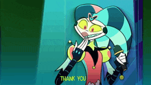 a cartoon character is holding a microphone and says " thank you "