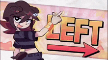 a cartoon girl is pointing to the left with an arrow .