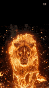 a lion is surrounded by flames and sparks