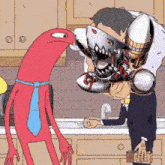 a man in a suit and tie is standing in a kitchen next to a red monster .