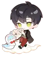 a cartoon of a boy holding a stuffed animal with a bunny hood