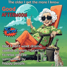 a cartoon of an older woman sitting in a chair holding a drink