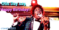 a man in a tuxedo singing into a microphone with the words otis day say happy birthday