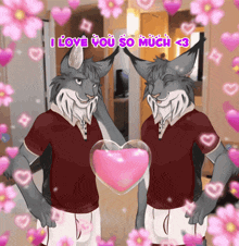 a cartoon of two lynx holding a heart with the words " i love you so much "