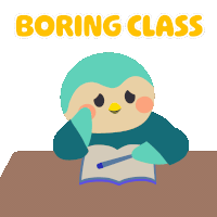 an illustration of a penguin sitting at a desk with the words " boring class " above it